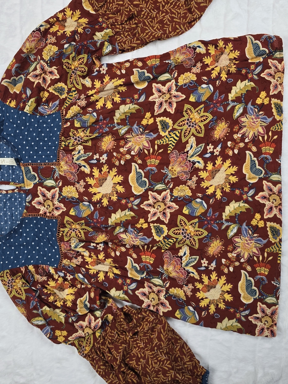 Matilda Jane Maroon Floral Patchwork Peasant Top with Navy Dot Yoke